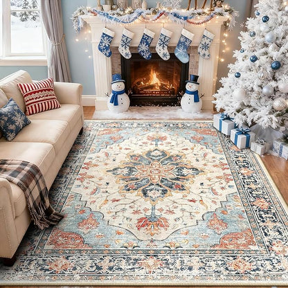 RELEANY Area Rugs 5'x7' Washable Non-Slip, Floral Vintage Distress Print Pattern Medallion Carpet for Living Room Bedroom Dining Room, Beige Navy Blue Orange Colorful