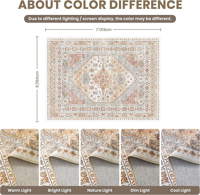 zesthome 5x7 Area Rugs - Ultra-Thin Washble Rug, Stain Resistant Anti Slip Backing Rugs for Living Room,Bedroom, Vintage Home Decor Area Rug (Orange,5'x7')