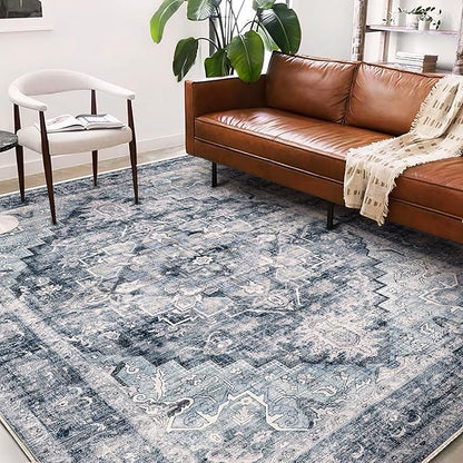 CHAMPLANT Washable Area Rug 9'x12' Dark Blue Retro Flowers Boho Design Non-Shedding Easy Care Ideal for High Traffic Areas in Living Room Bedroom Office Coffee Table Kitchen Large Carpet