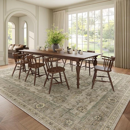 Washable 10x14 Area Rugs for Living Room, Boho Non-Slip Vintage Distress Large Rugs for Bedroom Dining Room Office, 0.3" Neutral Oriental Throw Thin Carpet, Flaxen/Multi, B2