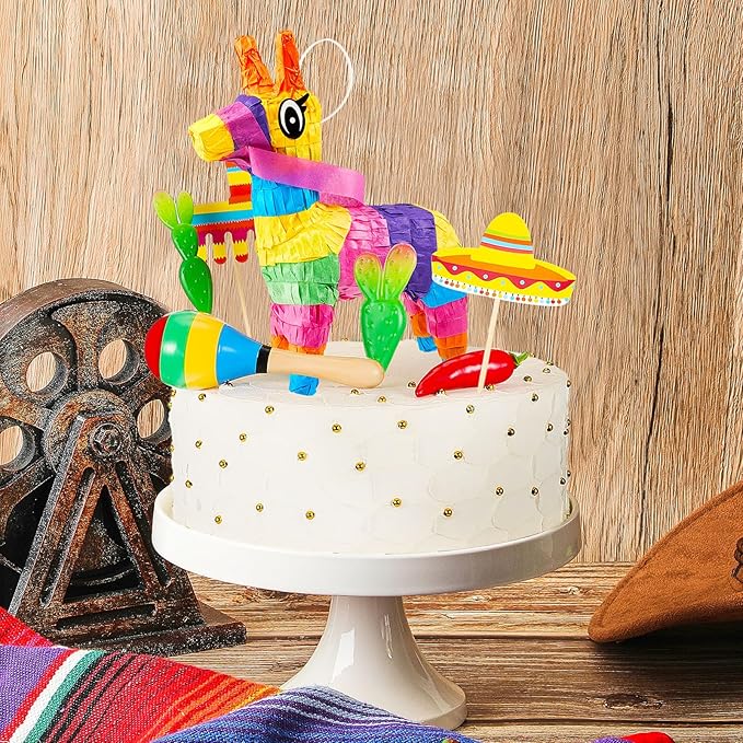 Tinlade 15 Pcs Fiesta Cupcake Topper Mexican Theme Cake Decoration Cactus Piñata Cinco De Mayo Taco Party Decorations with Wooden Sand Hammer and Foam Chili Decorations for Rainbow Party(Cute Style)