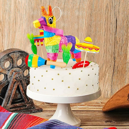 Tinlade 15 Pcs Fiesta Cupcake Topper Mexican Theme Cake Decoration Cactus Piñata Cinco De Mayo Taco Party Decorations with Wooden Sand Hammer and Foam Chili Decorations for Rainbow Party(Cute Style)