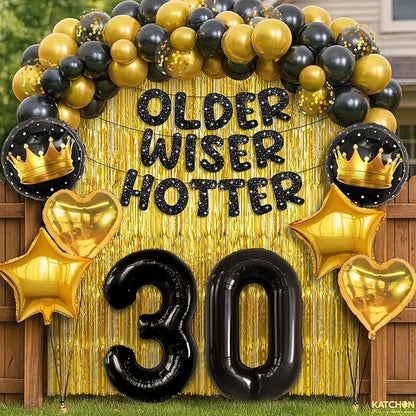 KatchOn, Happy 30th Birthday Decorations - Pack of 50 | Older Wiser Hotter Banner, Latex Balloons Arch Kit, Gold Foil Fringe, Star, Round, Heart Balloons | 30th Birthday Decorations for Women, Men