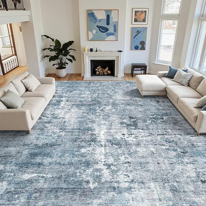 Soalmost 10x14 Area Rugs for Living Room, Non Slip Machine Washable Vintage Rugs, Low Pile Lightweight Large Rug for Bedroom, Dining Room, Home Office Blue