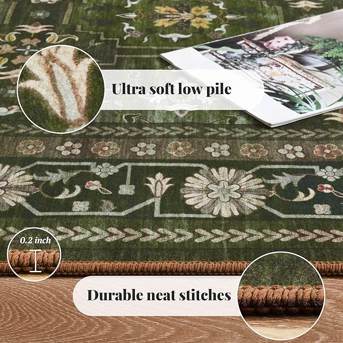 4x6 Area Rug for Bedroom Machine Washable, Non Slip Vintage Floral Kitchen Rugs for Dining Room, Low Pile Indoor Floor Print Carpet for Nursery Farmhouse Home Office Dark Green
