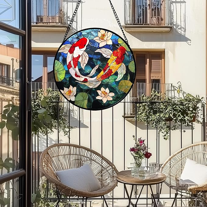 Stained Glass Window Hanging, Koi and Lotus Sun Catcher for Door Home Decor Fish Suncatcher Christmas Mother's Day Birthday Gifts for Women Men Mom and Nana 15 in