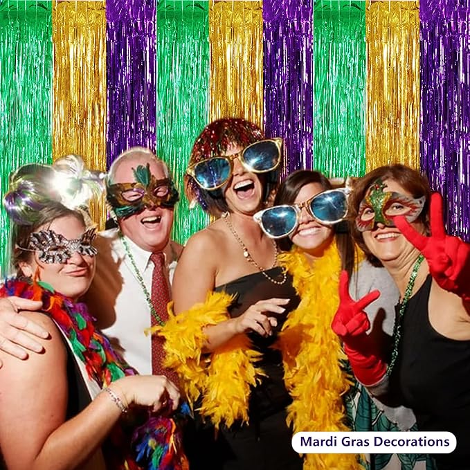 BEISHIDA 3Pcs Green Gold Purple Door Streamers Backdrop Foil Fringe Tinsel Curtains Backdrops for Birthday Baby Shower Carnival Mardi Gras Party Decoration (3.28 ft x 6.56 ft)