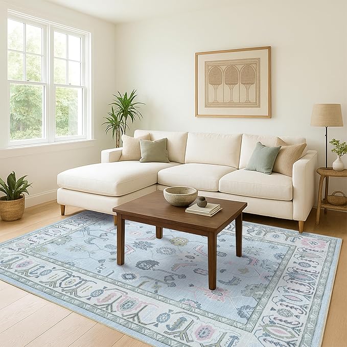 Fame Living Cream Blue Oushak Rug, Modern, Vintage, Turkish, Eclectic, Floral, Pastel, Washable, Large Area Rugs for Living Room, Dining, Bedroom, Girls, Boys, 7'5"x9'8"