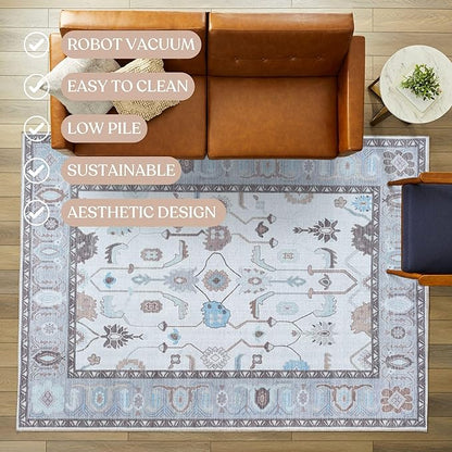 Fame Living Cream Grey Oushak Rug, Modern, Vintage, Turkish, Eclectic, Floral, Pastel, Washable, Oversized, Extra Large Area Rugs for Living Room, Dining, Bedroom, Lounge 9'5"x14'