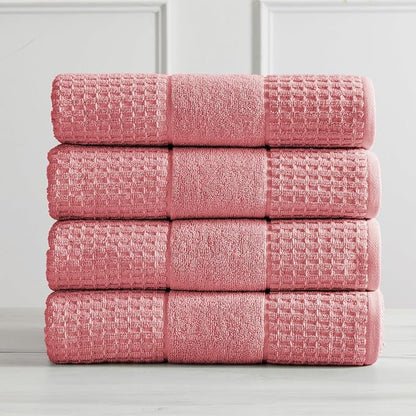 Market & Place 100% Cotton Super Soft Luxury Bath Towel Set | Quick-Dry and Highly Absorbent | Waffle Textured | 550 GSM | Includes 4 Bath Towels | Harper Collection (Rose)