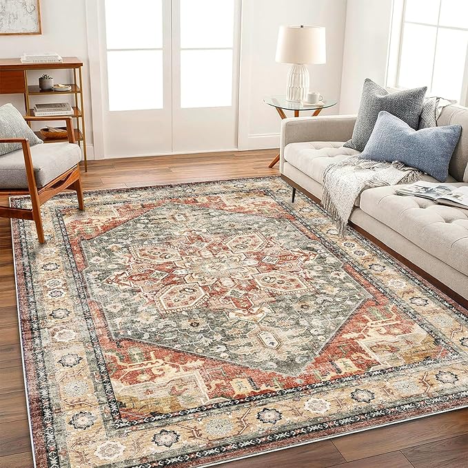 CHAMPLANT Area Rug 5'x7' Red Khaki Washable Vintage Traditional Floor Cover Thin Retro Kitchen Indoor Distressed Non Slip Carpet Floral Print Area in Living Room Bedroom Dining Room