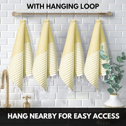 Turkish Kitchen Towels 18x26 Inches with Tassels - 4 Pack - Ultra Absorbent, Durable, Soft 100% Cotton Dish Towels for Drying & Cleaning - Machine Washable, Quick-Dry - Lemon Yellow