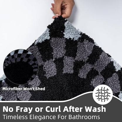 Non Slip Tufted Checkered Bath Mat, Cute Funky Microfiber Absorbent Bath Rug for Bathroom Sink, Toilet, High Pile Black and White Checkerboard Rug, Machine Washable, 16"x24"