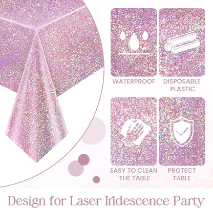 8 pcs Pale Pink Holographic Laser Tablecloths Light Pink Shiny Table Covers 40" x 108" Disposable Rectangle Table cloths for Girl Birthday Party Wedding Anniversary Bachelorette Baby Shower Décor