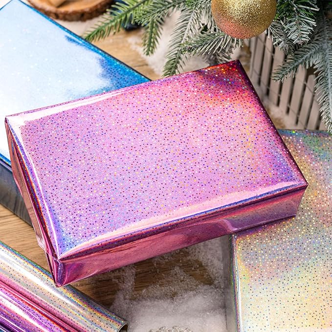 Burymento Mini Wrapping Paper Roll, Metallic Holographic Star Gift Wrap for Birthday, Valentines, Mothers day, Graduation, Wedding, Fathers day, Baby Shower, Christmas (17 Inch x 120 Inch - 3 Rolls)