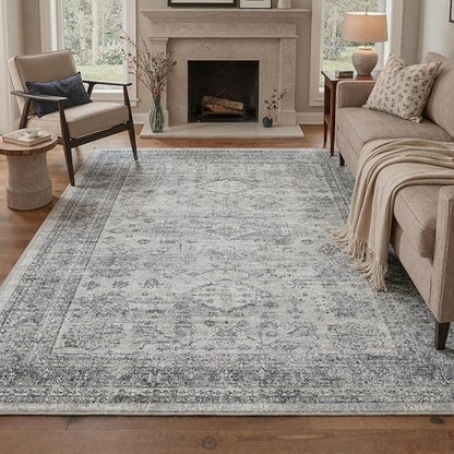 GENIMO 8x10 Area Rugs for Living Room, Machine Washable Non Slip Vintage Rugs, Low Pile Lightweight Chenille Print Rug for Bedroom, Dining Room, Home Office, Grey