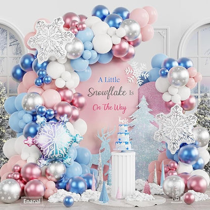 163pcs Little Snowflake Balloon Arch Kit - Metallic Pink Blue White Latex Balloons with Snowflake Foil Balloons for Winter Wonderland Party, Gender Reveal, Baby Shower, 1st Birthday Decorations