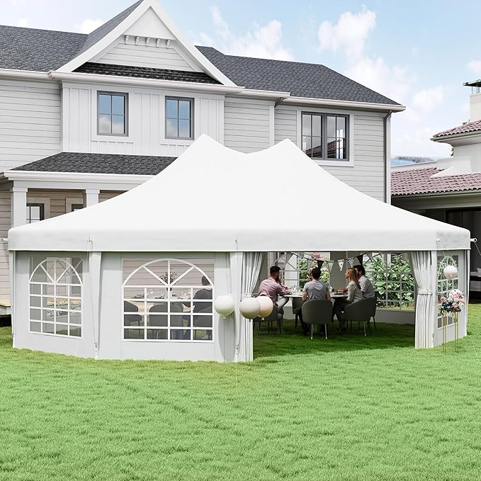 Outsunny 29 x 21 ft Party Tent, Outdoor Wedding Tent with Sidewalls, 2 Doors and 8 Windows for Party, White