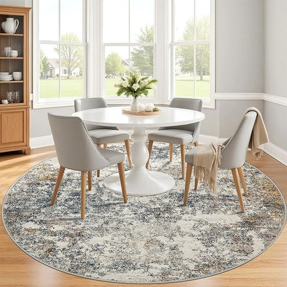 6ft Washable Round Rug - 6x6 Area Rugs Modern Abstract Rugs for Living Room Non-Slip Low Pile Soft Machine Washable Carpet for Bedroom, Living Room, Dining Room, Nursery, Farmhouse (6'x6' Tan Blue)