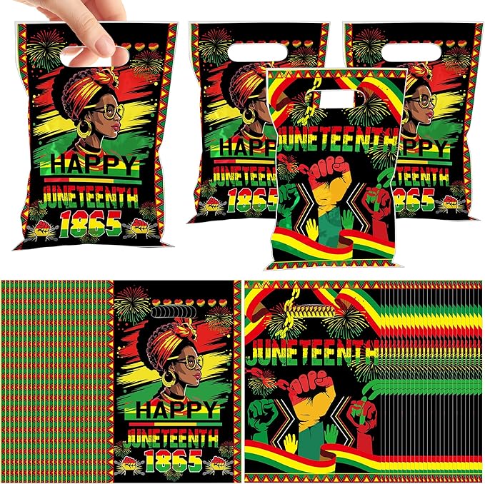 MOIZYNG 50Pcs Juneteenth Bags with Handles, Happy Juneteenth Plastic Candy Treat Goodie Gift Bags for African American June 19th Black Freedom Day Party Favors Supplies