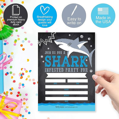 Hadley Designs Kids Birthday Invitations For Boys Shark Theme - 25 Shark Birthday Party Invitations For Boys, Sea Creature Invites For Boy, Cute Ocean Party Supplies, Made In USA