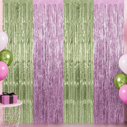 KatchOn, Sage Green & Pink Fringe Backdrop Curtain - Pack of 2 | Fringe Curtains for Boho Birthday Engagement Anniversary Baby Shower Bachelorette Decorations Sage Green and Pink Party Decorations