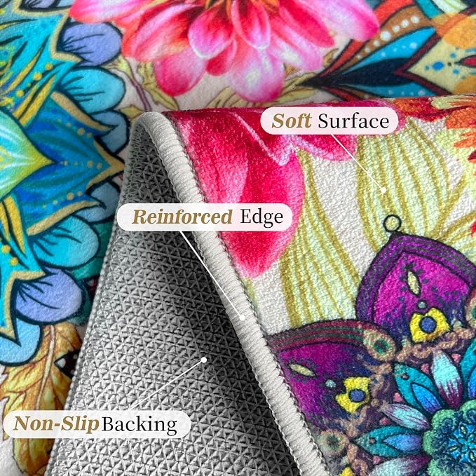 Boho Floral Rug for Living Room 5'x7', Non-Slip Machine Washable Farmhouse Floor Carpet Colorful Flowers Area Rugs for Bedroom Dining Room Boho Home Decor Aesthentic