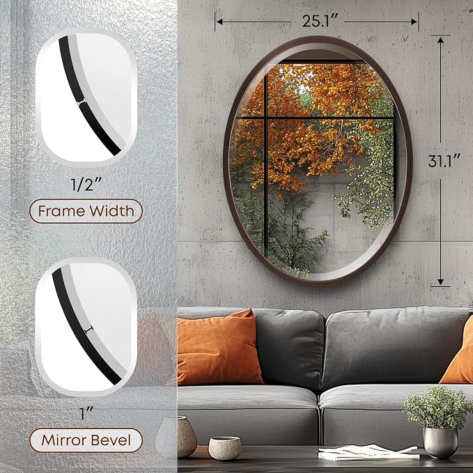 OVALCREST - Oval Wooden Beveled Wall Mirror for Home Decor, Bathroom, Vanity, Bedroom, Living Room, Hallway - London Style (Rubbed Bronze) 31.1 x 25.1