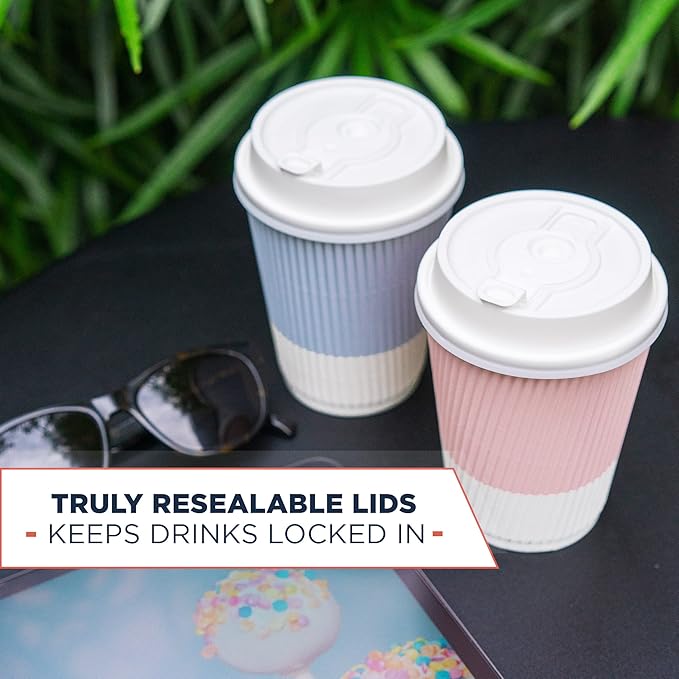 Disposable Coffee Cups With Lids - 12 oz To Go Coffee Cup With Lid (80 Set). Durable Togo Travel Paper Hot Cups Insulated For Hot and Cold Beverage Drinks, No Sleeves Needed (Assorted)
