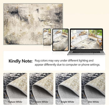 10x14 Washable Area Rugs - Modern Abstract Large Rugs for Living Room Non-Slip Low Pile Soft Machine Washable Carpet for Bedroom, Under Dining Table, Nursery, Farmhouse (10'x14' Beige Tan)
