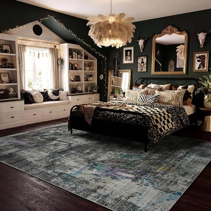 Kokia Abstract Area Rugs 8x10 Bedroom Soft Living Room Black-Gray Rugs Washable Distressed Vintage Comfy Carpet with Non-Slip Backing for Farmhouse Home Office Room Decor