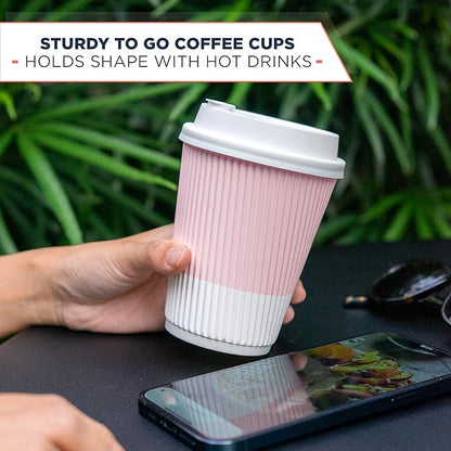Disposable Coffee Cups With Lids - 12 oz To Go Coffee Cup With Lid (80 Set). Durable Togo Travel Paper Hot Cups Insulated For Hot and Cold Beverage Drinks, No Sleeves Needed (Assorted)