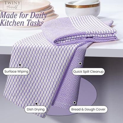 TWINY threads Kitchen Towel Diamond Pattern, Premium Large Kitchen Linen Set, 100% Cotton Wash Rags, Absorbent Quick Drying Cloths, Washable Reusable Multi Purpose, Set of 4, 18x26 Inches, Lavender