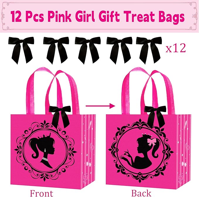 C L cooper life 12pcs Hot Pink Girl Party Gift Treat Bags with Handles Pink Girl Grocery Shopping Bag Princess Theme Non-Woven Bags for Girls Birthday Party Ladies Bachelorette Party Supplies