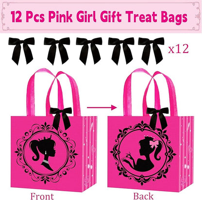 C L cooper life 12pcs Hot Pink Girl Party Gift Treat Bags with Handles Pink Girl Grocery Shopping Bag Princess Theme Non-Woven Bags for Girls Birthday Party Ladies Bachelorette Party Supplies