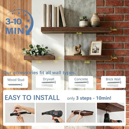 Floating Shelves for Wall, Bathroom Shelves Over Toilet, Wall Shelves & Book Shelf for Room, Hanging Shelf, Modern Wooden Mounted Floating Shelves, 24x7x1.5 in (Walnut-Like, Set of 3)