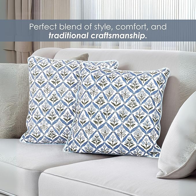 SheetKart Cotton Throw Pillow Covers - Set of 2 - Hand Block Cotton Printed Boho Decorative Pillow Covers - Cushion Covers for Living Room, Bohemian Theme, 17x17 Inches, Floral Blue