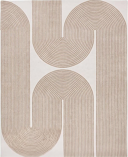 Modern Handmade Wool Area Rug, Abstract Curved Line Geometric Indoor Carpet for Living Room Bedroom, Contemporary Tufted Rug with Soft Pile and Cotton Backing (Sand Beige, 5' x 8')