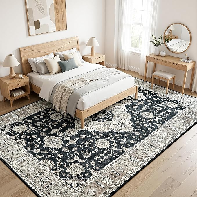 Maxsoft Large Area Rugs for Living Room Bedroom, 8x10 Black Gold Washable Rug with Rubber Backing, Non-Slip and Stain Resistant Soft Throw Indoor Carpet for Dining Room Office Kitchen Dorm Home Decor