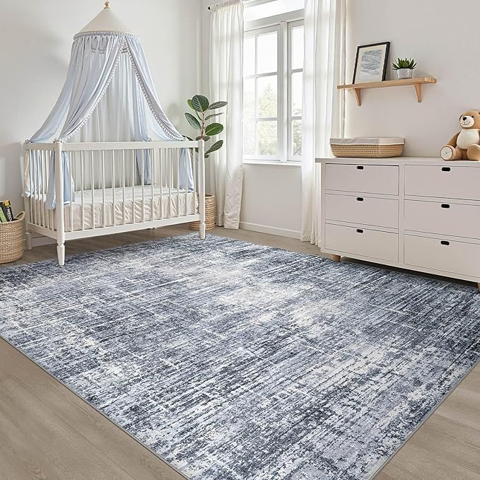 5x7 Area Rugs Living Room: Washable Large Neutral Navy Rug Abstract Soft Modern Stain Resistant Indoor Floor Non-Slip Carpet for Bedroom Nursery Kids Office Playroom Dining Room Under Table Home