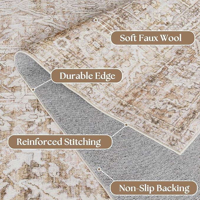 Neutral Farmhouse Hallway Rug Runner 2x6 Washable Non Slip Rubber Backing Vintage Modern Boho Runners Rugs for Entryway Indoor Kitchen Bathroom,Tan Brown Beige