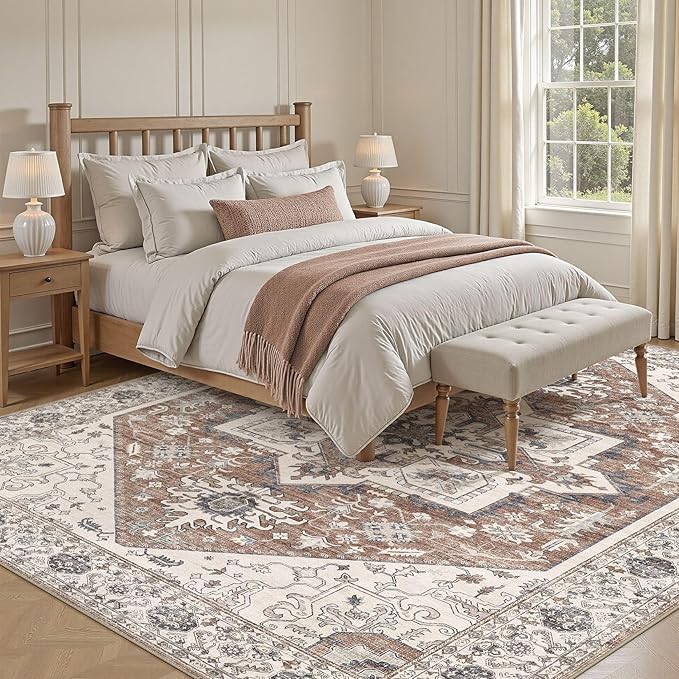 Area Rug 7x9 for Living Room - Washable Oriental Vintage Floral Distressed Large Indoor Carpets with Non Slip Back for Bedroom Dining Room Nursery Office Home Decor -Terracotta/Brown