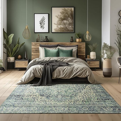 Boho Washable Rug for Living Room 6x9 Dark Academia Emerald Green Rug Oriental Carpet Forest Hunter Green Floor Covering