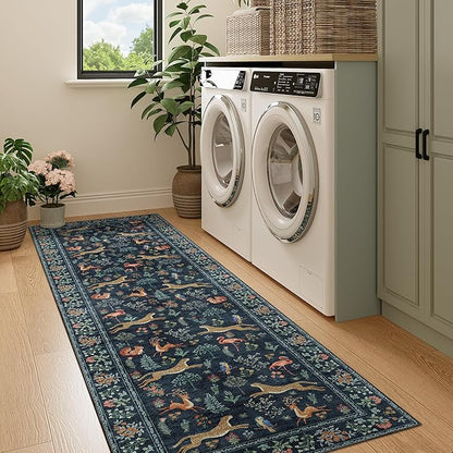 DUKINO Runner Rug, 2x7 Washable Kitchen Rugs for Hallways with Non Slip Backing, Soft Low Pile Vintage Animal Runner for Kitchen, Hallway, Entryway, Laundry, Bedroom, Navy Blue