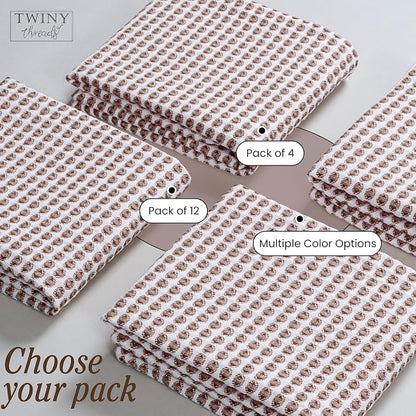 TWINY threads 4 Pack Honeycomb Circle Waffle Dish Towels 16x26 Inches, 100% Cotton, Durable, Thick, Waffle Weave Tea Towels, Great for Handling Hot Pots, Heavy Cleaning, Brown