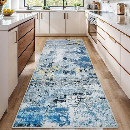 2x5 Runner Rugs for Hallways Kitchen Runner - Washable Runner Rug with Non Slip Rubber Backing, Soft Abstract Carpet Long Hallway Runners for Bedroom, Bathroom, Enterway(Blue)