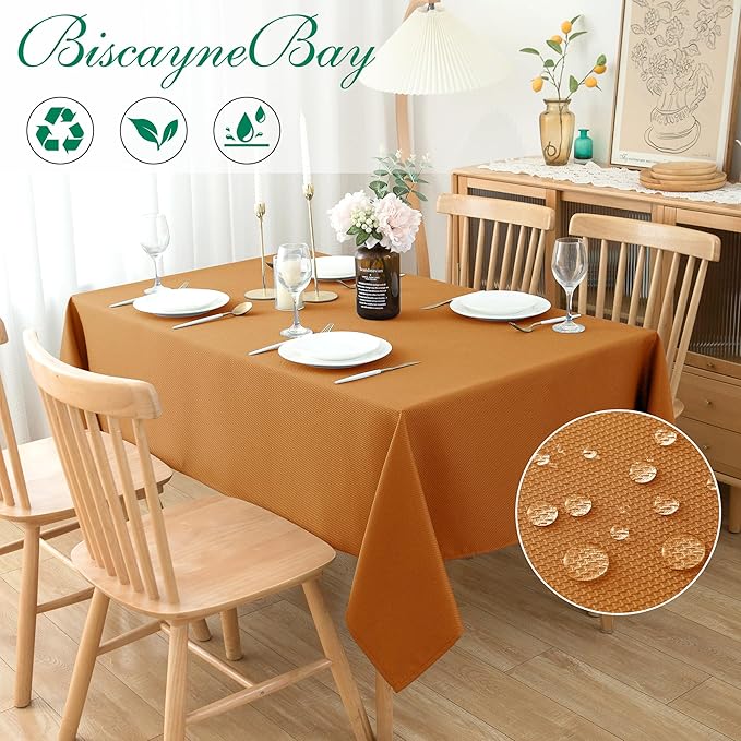 Biscaynebay Fall Tablecloth Textured Fabric 90x132 Inch Rectangular, Bronze Thanksgiving Autumn Harvest Water Resistant Fabric Tablecloths for Kitchen, Dining, Wedding, Parties Machine Washable