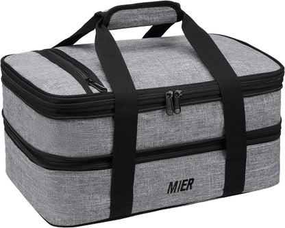 MIER Insulated Double Casserole Carrier Thermal Lunch Tote for Potluck Parties, Picnic, Beach, Fits 9 x 13 Inches Casserole Dish, Expandable by Mid Zipper, Gray
