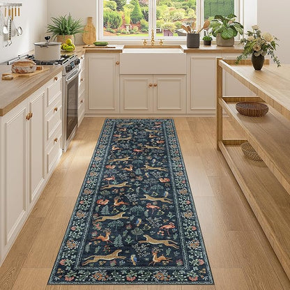 DUKINO Runner Rug, 2x7 Washable Kitchen Rugs for Hallways with Non Slip Backing, Soft Low Pile Vintage Animal Runner for Kitchen, Hallway, Entryway, Laundry, Bedroom, Navy Blue