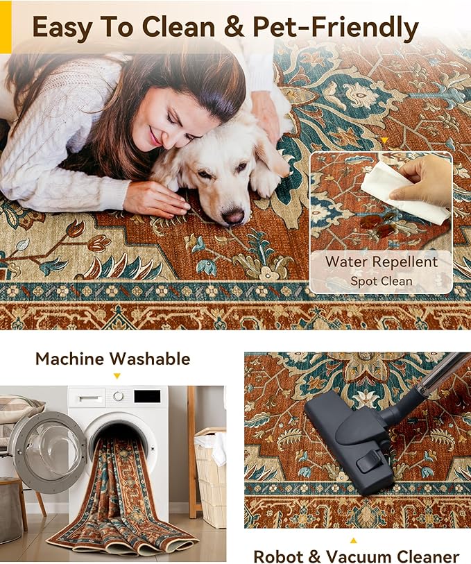 RELEANY Area Rugs Square 10ft Washable Non-Slip, Floral Vintage Distress Print Pattern Medallion Carpet for Living Room Bedroom Dining Room, Red Orange Blue Brown